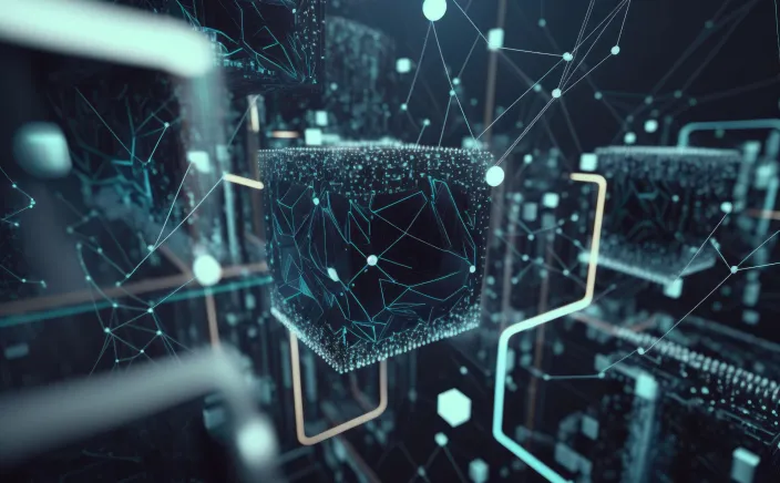 Une image d'un cube technologique futuriste avec des liens de connexion